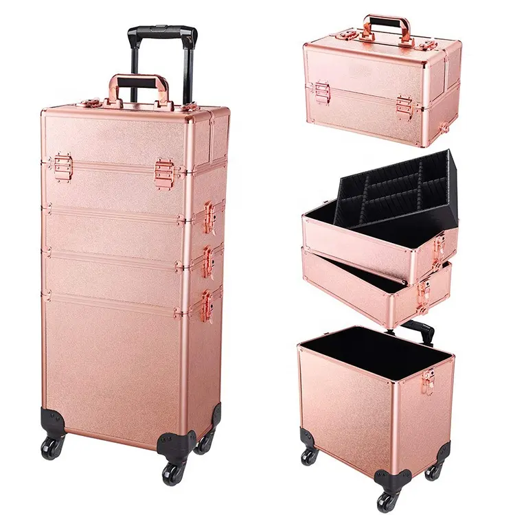 4 in 1 Portable Rolling Makeup Train Case Trolley Cosmetic Box Organizer Travel Case Aluminum Frame Lockable