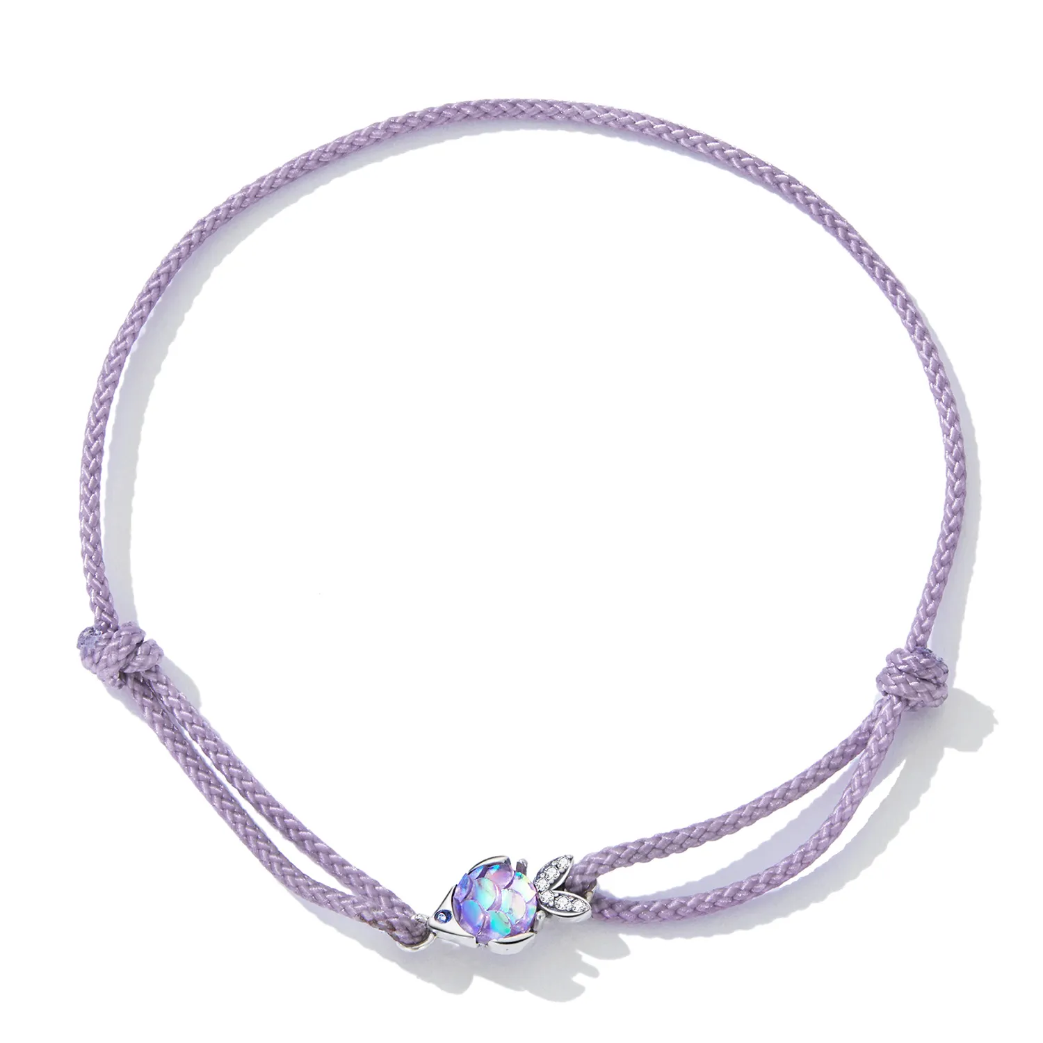 Purple Rope Woven Bracelet with Silver Fish Pendant Braided Bracelet Inlaid Cubic Zirconia for Women