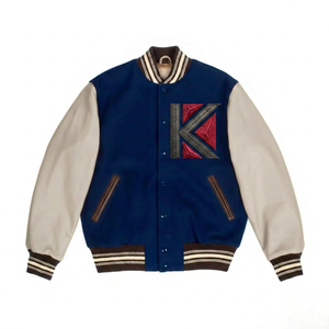 แจ็คเก็ตวาร์ซิตี้สีเบจสำหรับผู้ชาย รุ่น KVJ132 ตัวเสื้อสีน้ำเงินรอยัล แขนปักลายขนสัตว์  พร้อมแพทช์เชนิลล์  แบบปรับแต่งได้ - Product Image 4