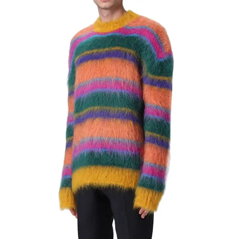 Manufacturer Custom Mohair Woolen Cashmere Pullover Sweaters Knitwear Knitted Sleeve Crew Neck Striped Mohair Sweater For Men