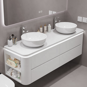 Moderno bagno <span class=keywords><strong>in</strong></span> <span class=keywords><strong>legno</strong></span> vanità doppio lavabo impermeabile bagno bancone lavabo lato armadietto bagno - Product Image 6