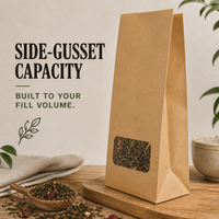 Sachet en papier kraft compostable personnalisé avec fenêtre et soufflet latéral en PLA pour épices sèches, emballage alimentaire de qualité, fabricant OEM