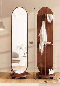 Rotating Wood Hat Storage Rack with <strong>Large</strong> Size <strong>Mirror</strong> <strong>Freestanding</strong> Full Length Body <strong>Mirror</strong> Movable Dressing <strong>Mirror</strong> with Wheels - Product Image 5