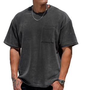 เสื้อยืดคอกลมแขนสั้นผ้าคอร์ดูรอยสีพื้น โพลีเอสเตอร์ 100% รุ่นใหม่ปี 2026 สำหรับผู้ชาย - Product Image 1