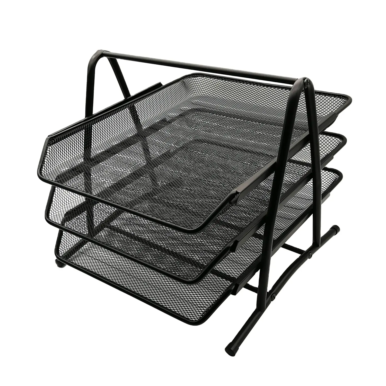 Modern design office metal wire mesh black foldable 3 layers document tray A4 paper tray desk file organizer