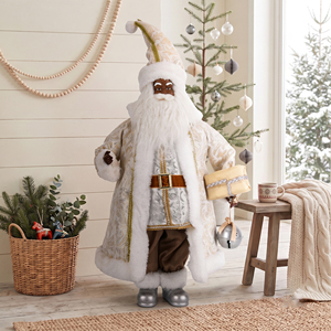 Ivory Gold Damask Black Santa Claus Figure with Silver Jingle Bell for Hotel Foyer Xmas Display - Product Image 1