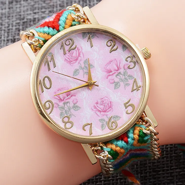 Relógio de pulso feminino, relógio de pulso feito à mão da moda primavera com flor