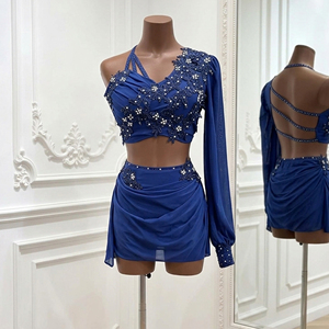 Custom Lyrical <b>Dance</b> Costume 2 Piece Navy Blue Jazz <b>Dance</b> <b>Dress</b> Asymmetrical Mesh Skirt Competition Stage Dancewear - Product Image 3