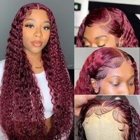 Perruques brésiliennes vierges HD en cheveux humains, couleur bordeaux, avec frontale, naturelles, afro crépues bouclées pour femmes noires - Sans colle