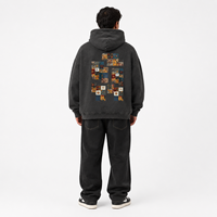 Sweat à capuche patchwork personnalisé, délavé à l'acide, coupe oversize, épais, imprimé multicolore, gris anthracite, épaules tombantes, poche kangourou, style streetwear