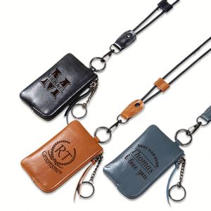 Monedero de cuero PU suave personalizado estilo vintage con grabado láser, tarjetero, llavero y cordón para colgar al cuello - Product Image 1