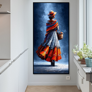 Dipinto a Olio di Donna Etnica Realizzato a Mano - 40x80cm Verticale su Tela con Tecnica a Spatola per Soggiorno - Product Image 3