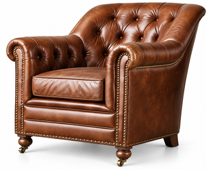 Elegant Cognac Leather Reading Armchair <b>with</b> Tufted Upholstered Backrest Generously Padded Seat and Classic Rolled <b>Arm</b> - Product Image 5