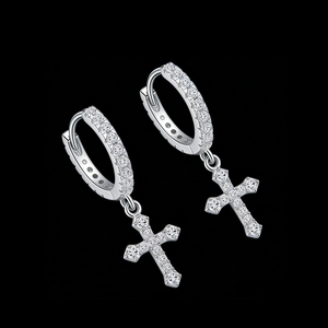 <strong>Mens</strong> Bling Drop Jewelry 925 Sterling Silver Zircon <strong>Cross</strong> Hoop <strong>Earrings</strong> for Daily Wear - Product Image 2