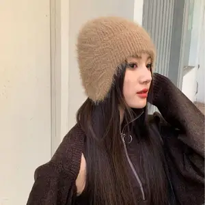 Winter New Faux Mink Fur Plush Beanie Knitted Outdoor Solid Color Warm Ear Protection Cold Hat