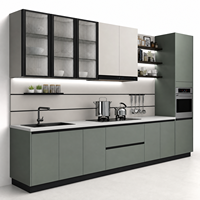 Système d'armoires de cuisine modernes sur mesure, sans poignées, en panneaux de mélamine vert sauge, porte en verre, étagère flottante LED, rangement en acier inoxydable