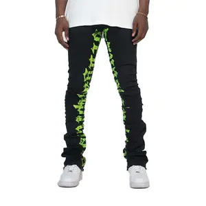 Üretici sokak giyim sıkıntılı yırtık yığılmış Denim pantolon ekran baskı özel Flare Skinny Jeans erkekler için