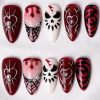 Faux ongles en acrylique à presser, courts, design carré, pour Halloween, peints à la main, motifs chauve-souris, fantôme, toile d'araignée, avec colle