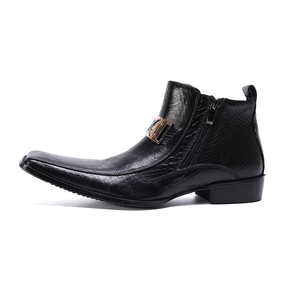 Men's Black PU Leather Dress Boots with Italian Zipper and Side Buckle -  Elegant Flat Toe Design for Any Occasion