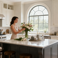 Ensemble d'armoires de cuisine de style américain de luxe en gris clair sur mesure, avec un grand îlot central et un plan de travail en quartz