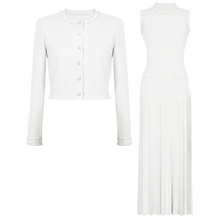 Ensemble élégant tricoté SR2510 de haute qualité : Cardigan élastique et robe sans manches à volants avec décoration de perles