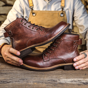 Botas de Hombre de Cuero Genuino Marrón con Cordones, Punta Redonda, Suela de Goma, Zapatos para Caminar de Otoño - Product Image 3