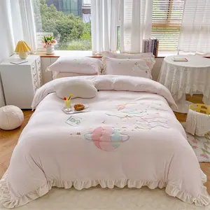 4 قطع من أغطية السرير المخملية باللون الوردي وملاءات الأطفال، وملاءات الأطفال المزينة، مجموعة أغطية الأطفال