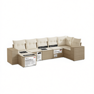 Ensemble de canapés de jardin en rotin PE beige TropiCalm 7 pièces avec structure en acier, mobilier d'extérieur au design contemporain, résistant aux intempéries - Product Image 1