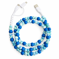 Câble de charge rapide 3-en-1 en taffetas bleu roi moucheté avec perles, accessoires de voiture pour iPhone 16 15 Android – Vente en gros