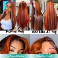 Peluca de Encaje Frontal Completo HD con Reflejos Naranja Jengibre Suave, Cabello Virgen Vietnamita Original, Pelucas sin Pegamento 5x5, Cabello Humano con Frente de Encaje
