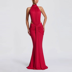 Robe de <span class=keywords><strong>soirée</strong></span> <span class=keywords><strong>longue</strong></span> élégante et flatteuse, rouge, sans manches, avec design à empiècements, douce, taille haute plissée, grande taille - Product Image 1