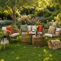 Ensemble de meubles de patio 5 pièces avec tables basses rondes uniques en forme de tonneau et base en métal moderne de type traîneau