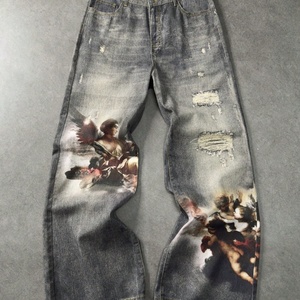 Vaqueros de mezclilla de pierna ancha con estampado de pintura al óleo de ángel querubín renacentista, estilo vintage, lavado, desgastado y rasgado, para streetwear. - Product Image 1