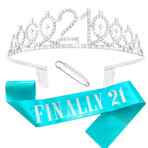 Ensemble de couronnes d'anniversaire OEM bleu ciel avec ruban, pour les anniversaires du 10e, 13e et 18e, lot de 3 accessoires pour <span class=keywords><strong>cheveux</strong></span>, couronne simple en cristal argenté - Product Image 3