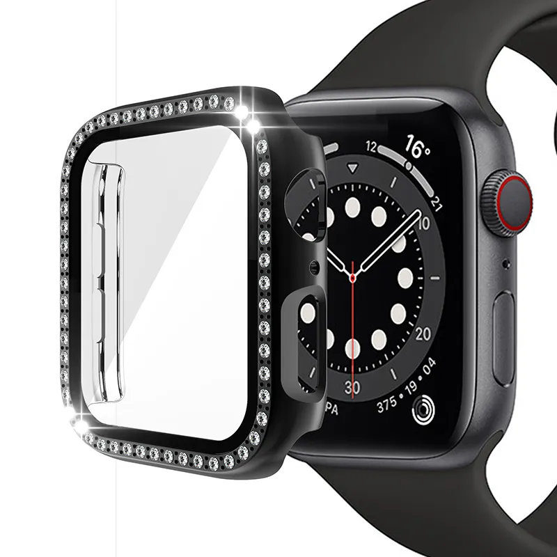 Casing jam tangan berlian untuk Apple Watch Iwatch Ultra8 48mm penutup 38 40 41 45mm 4 5 6 7 8 cakupan penuh pelindung layar kaca 3D