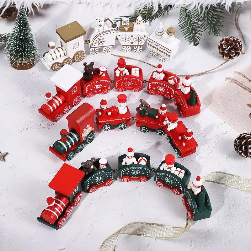 Noel dekoratif 4 bölüm 5 bölüm küçük tren kırmızı yeşil beyaz ahşap masaüstü noel dekorasyon