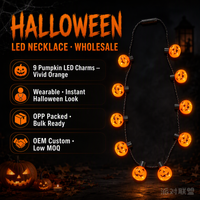 Collier LED Citrouille d'Halloween en Gros, 9 LED, Lumineux dans le Noir, Clignotant, Accessoire de Fête et de Déguisement