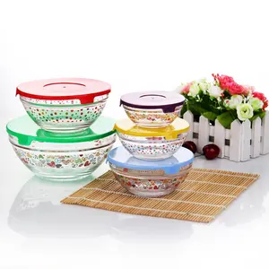 简单设计透明玻璃水果沙拉混合5pcs带盖食品储存碗套装热卖玻璃碗套装
