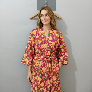 Bata Larga Floral para Mujer, Manga Tres Cuartos, Cuello en V, Algodón Suave Tejido, Kimono Informal para Primavera - Product Image 1