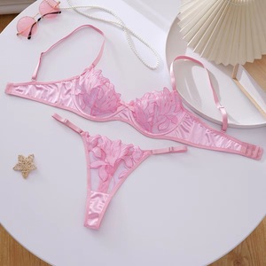 Wholesale Women Underwire Bra Thong 2 Piece <b>Set</b> See-Through Lace 3D Embroidery Breathable <b>Sexy</b> Lingerie <b>Set</b> - Product Image 4
