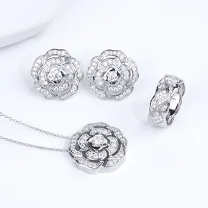 Custom Beautiful Valentines Day Wedding Flower 925 Silver Vvs Gra Certified Necklace Diamond Mossanite Moissanite Jewelry Set