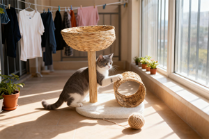 LM Holz-Katzenbaum Katzenmöbel Katzenhöhle Katzen-Spielbaum Haustier-Holzspielzeugbaum Handgefertigter Wasserhyazinthen-Haustierbaum mit Bett - Product Image 6