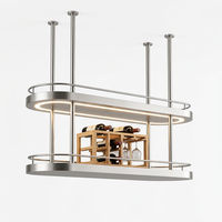 Étagère à vin ovale en acier inoxydable à double niveau avec éclairage LED, support mural pour bar, étagère à vin en bois pour la décoration du hall d'hôtel