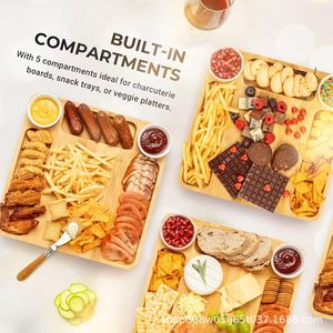 Plateau à fromage en bois avec 5 compartiments pour charcuterie, snacks et plateaux de légumes, couleur bois naturel - Product Image 1