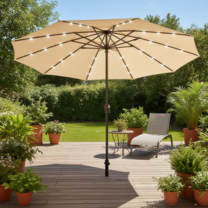 Parasol de terrasse extérieur 3 m avec éclairage LED solaire, manivelle de levage manuelle, inclinaison réglable, polyester beige pour jardin et terrasse - Product Image 2