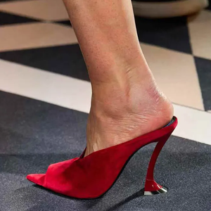 Sandales à talons hauts pour femmes, à bout ouvert, d'été, à talon chaton, à bride, en satin, pour mariage, mules à talon aiguille et découpe en V - Product Image 4