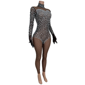Monos de manga larga con diamantes de imitación para mujer, <span class=keywords><strong>mono</strong></span> de <span class=keywords><strong>fiesta</strong></span> para discoteca, <span class=keywords><strong>mono</strong></span> ajustado de <span class=keywords><strong>talla</strong></span> <span class=keywords><strong>grande</strong></span> para mujer, leotardo de baile, traje de Festival - Product Image 2