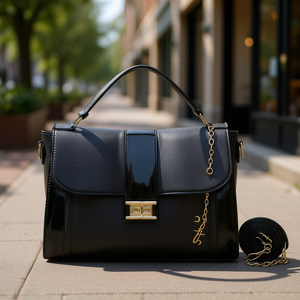 Sac fourre-tout pour femme Fana Clara M3856 en cuir verni noir grande capacité avec rabat et chaîne décorative, sac à main décontracté avec lettres - Product Image 2