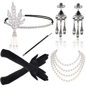 1920s Flapper Gatsby Party Bandeau Longs Gants Noirs Perle Collier Boucles D'oreilles Ensemble De <span class=keywords><strong>Bijoux</strong></span> <span class=keywords><strong>Porte</strong></span>-Cigarette Costume Accessoires - Product Image 5