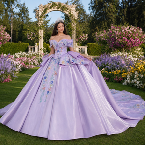 Vestido de Quinceañera Elegante Color Lila Dy6972, Corsé con Escote Corazón, Bordado Floral Multicolor, Satén Brillante, Vestido de Princesa para Baile de Graduación Jancember - Product Image 1